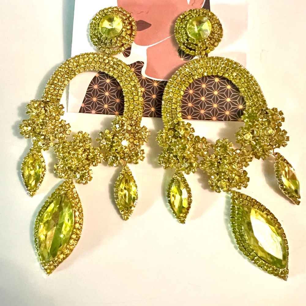 Chartreuse Rhinestone Bedazzled Earrings